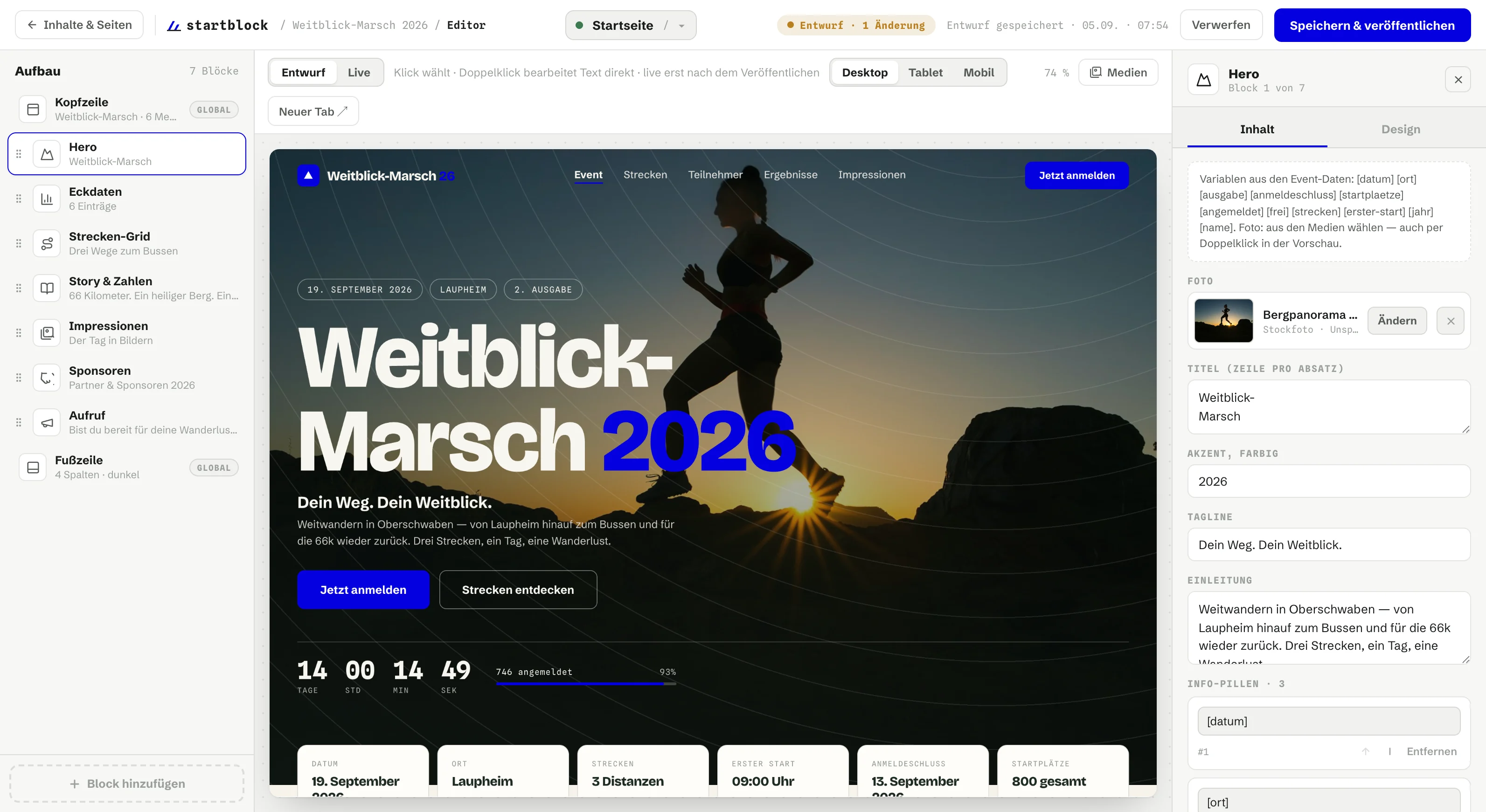 startblock Block-Editor: Aufbau der Startseite links, exakte Live-Vorschau der Event-Website in der Mitte, Eigenschaften des Hero-Blocks mit Foto aus der Medien-Sammlung rechts