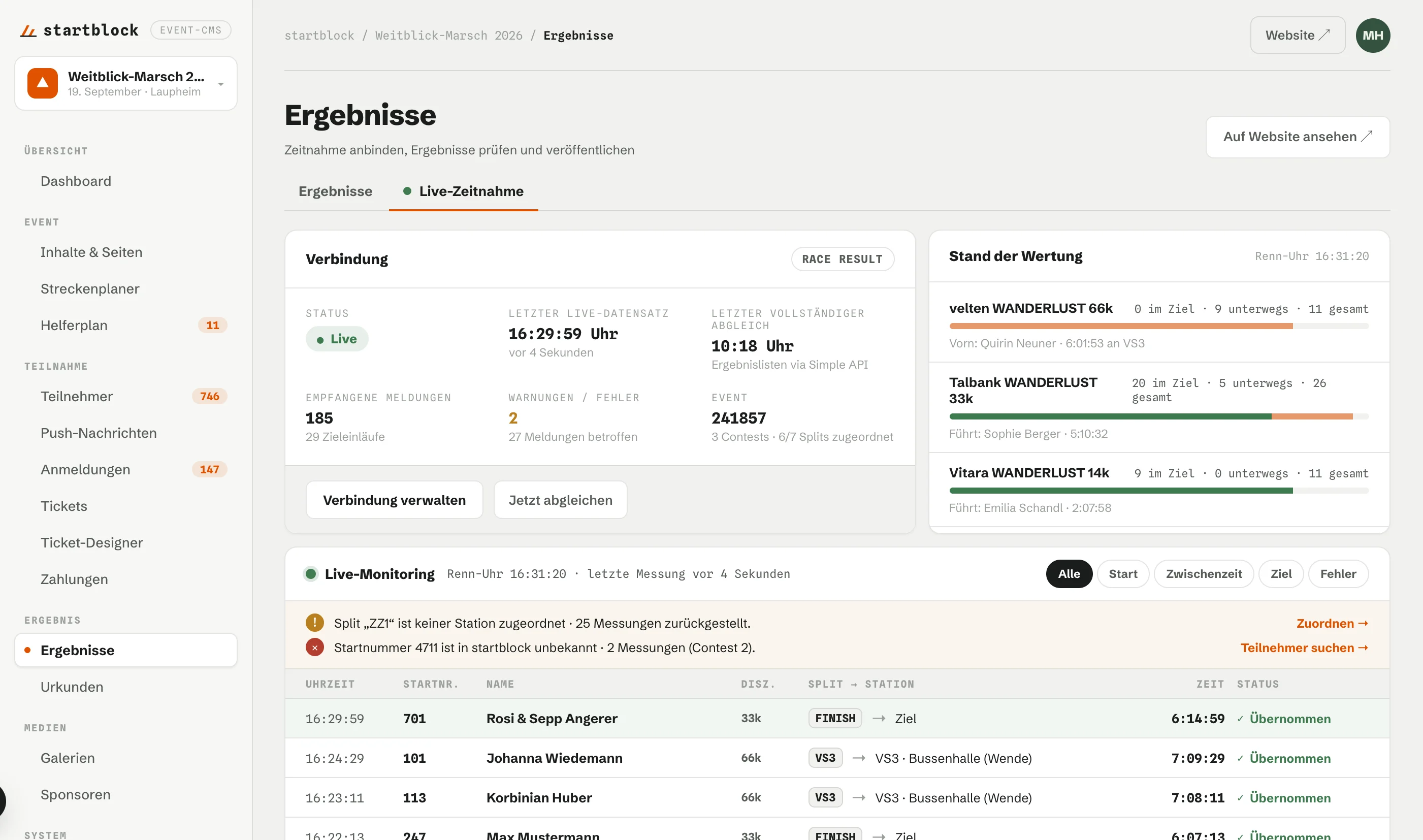 startblock Orga-Bereich: Live-Zeitnahme mit Verbindung zu RACE RESULT, Stand der Wertung und Live-Monitoring der eingehenden Messungen