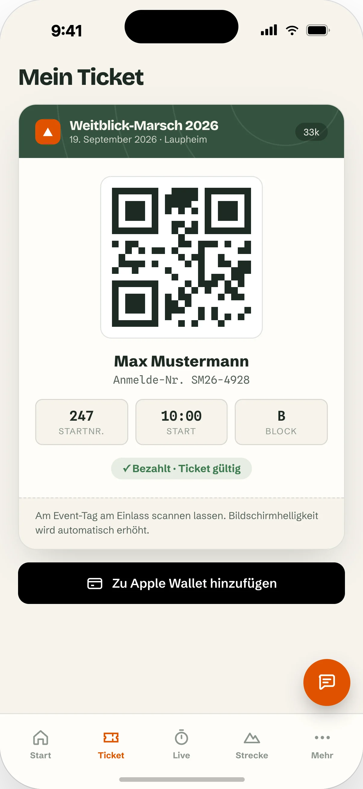 startblock App: Ticket mit QR-Code, Startnummer und Apple Wallet