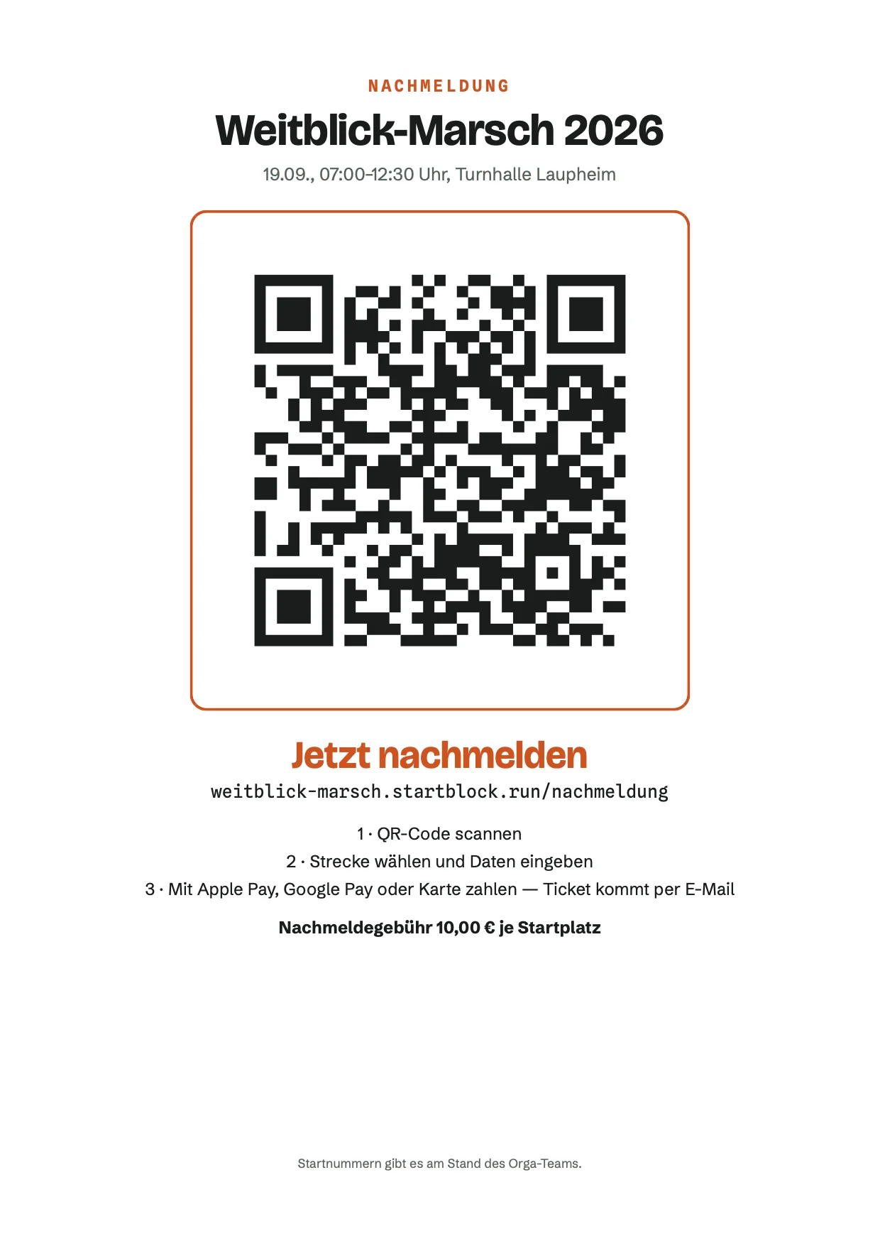 QR-Plakat „Nachmeldung“ im Format A4 für den Weitblick-Marsch 2026: QR-Code, Zeitfenster und Ort, drei Schritte und die Nachmeldegebühr