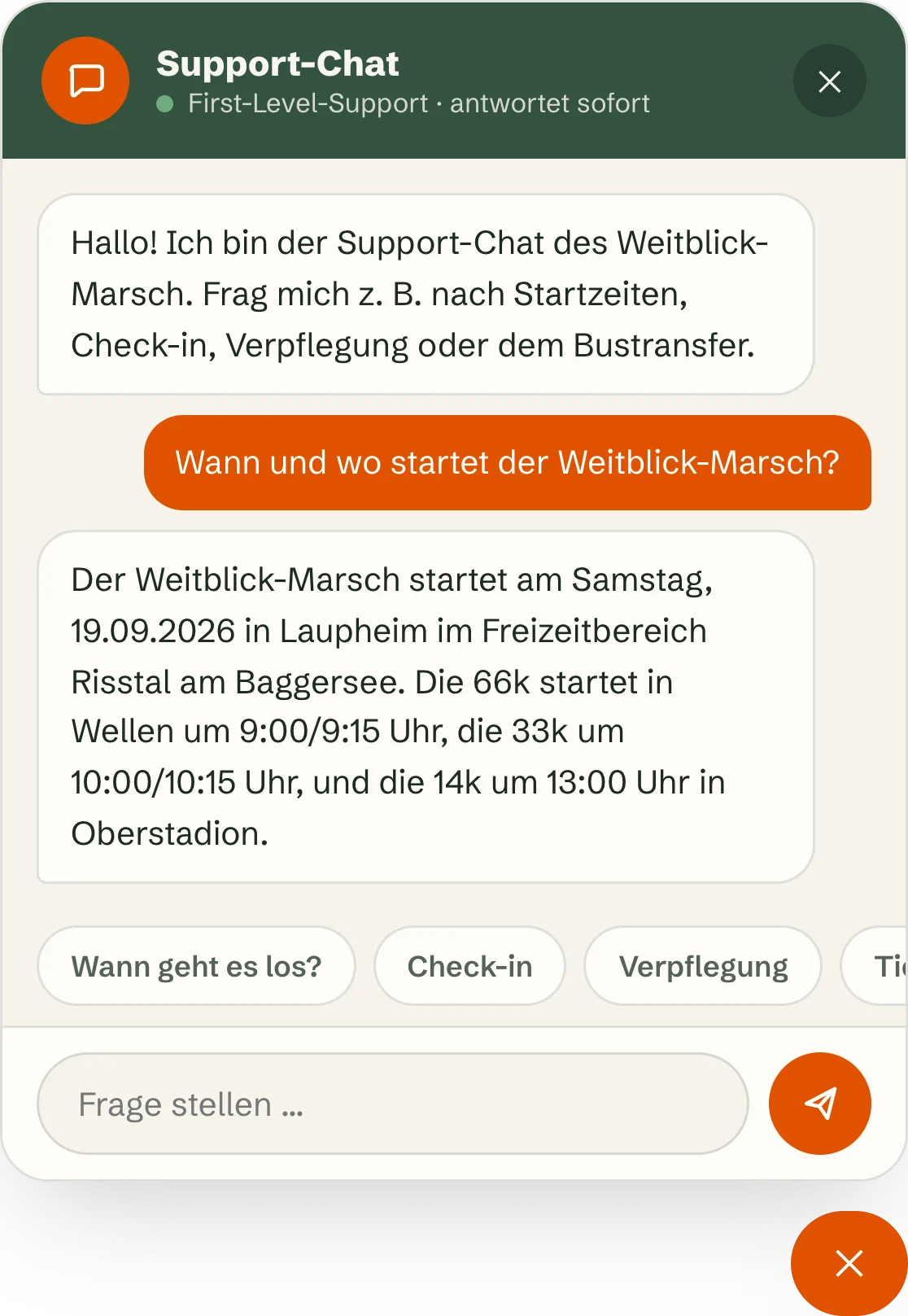 Support-Chat mit Antwort zu Startzeiten